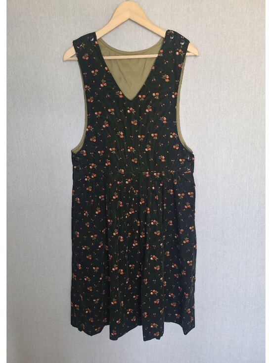 Dresses & Skirts - 💙 Floral Corduroy Pinafore Midi Dress Size M Pleated Olive Green Sleeveless Jum